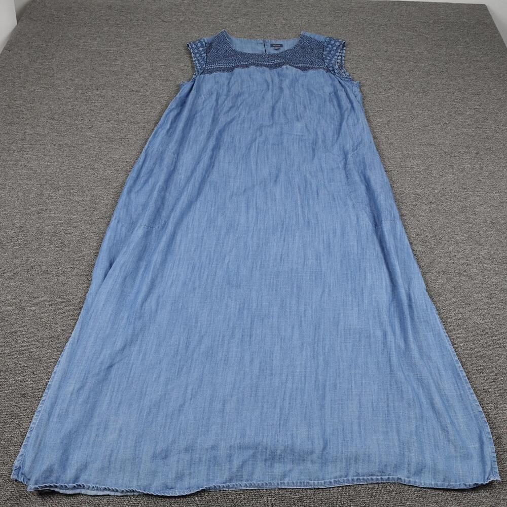 J.Jill Denim Dress Womens XL Blue Chambray Sleeveless Maxi Embroidered Pockets